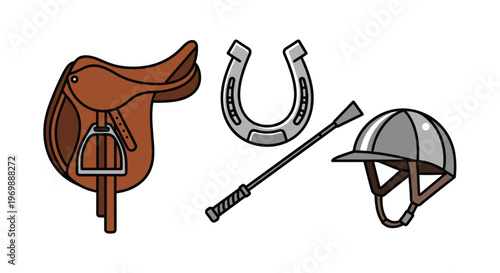 Vector illustration of horse riding equipment including a saddle horseshoe riding crop and helmet, Generative AI.
