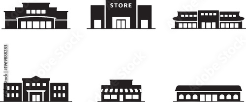 Shopping building silhouettes bundle, retail architecture icons set, shopping mall department store boutique shops black silhouette collection