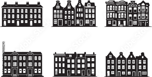 Row House Streets Silhouette Set London Amsterdam San Francisco Brownstone Urban Townhouse Vector