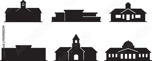 School building silhouettes bundle, education architecture icons set, elementary school, university hall, campus buildings black silhouette collection