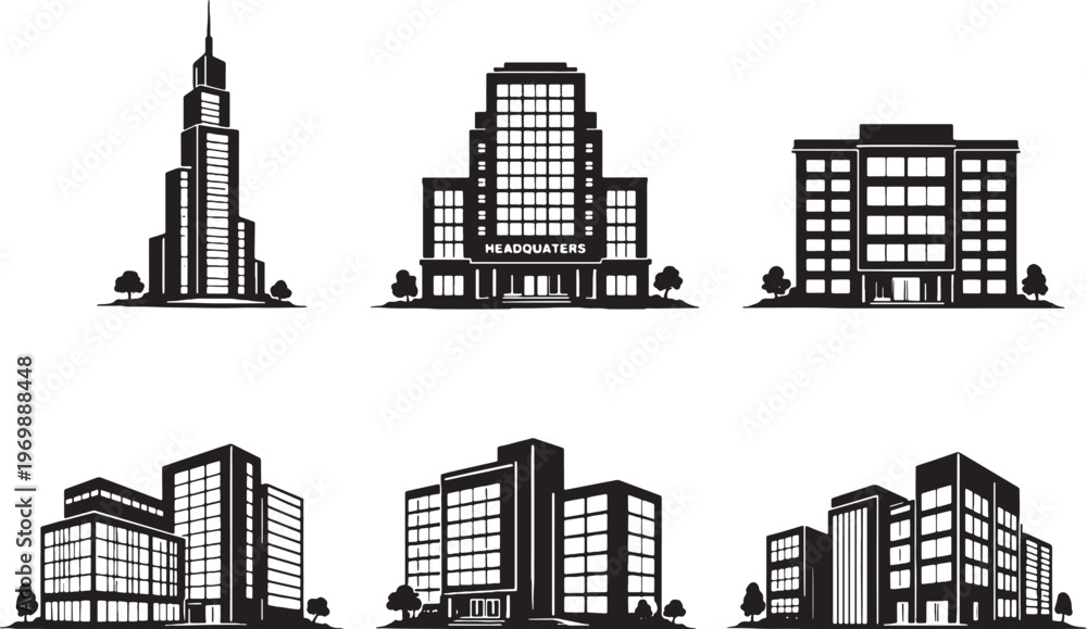 Obraz premium Office Buildings Silhouette Set, Corporate Headquarters, Modern Office Tower, Business Center Architecture Vector Collection