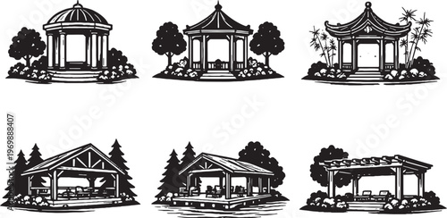 Park Pavilions Silhouette Set Garden Gazebo Asian Wooden Lakeside Open Roof Pavilion Vector