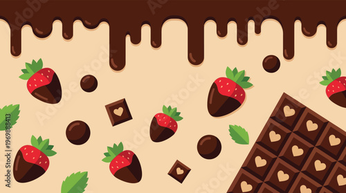 Delicious Chocolate Dipped Strawberries and Sweet Heart Pattern Bar Vector Illustration for Valentines Day Marketing