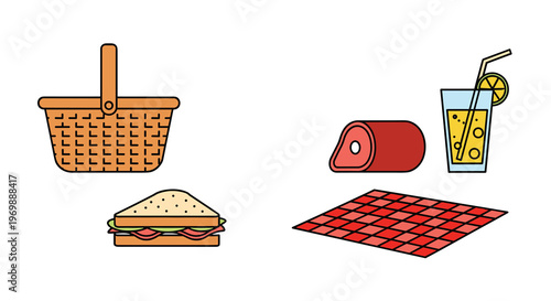 Colorful picnic items including a basket sandwich ham drink and red checkered mat, Generative AI.