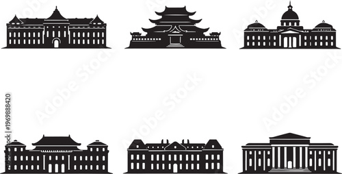 Palace Buildings Silhouette Set Royal Palace Oriental European Classical Architecture Black Silhouette Collection