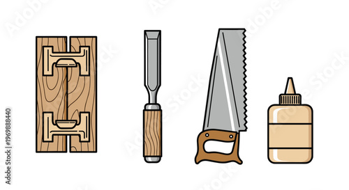 A set of woodworking tools including a wooden piece with joints chisel handsaw and glue bottle, Generative AI.