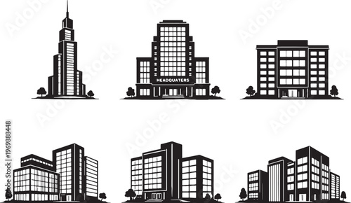 Office Buildings Silhouette Set, Corporate Headquarters, Modern Office Tower, Business Center Architecture Vector Collection