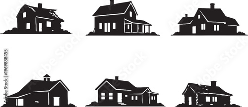 Old Rural Houses Silhouette Set, Farmhouse Cottage Barn Cabin Countryside Architecture Icons