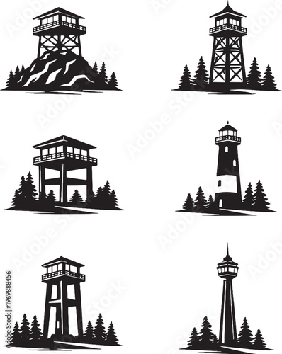 Observation Towers Silhouette Set Lookout Tower Viewing Deck Lighthouse Style Vector Illustration