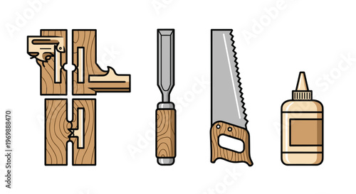 A set of woodworking tools including a jigsaw chisel and wood glue for assembling wooden joints, Generative AI.