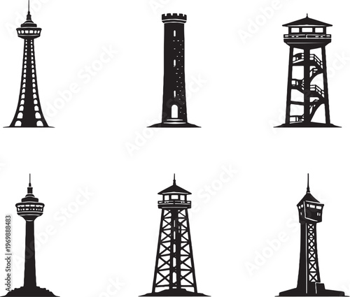 Observation Towers Silhouette Set Watch Tower Lookout Tower Viewing Platform Structures Black Silhouette Collection