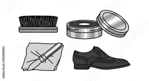 Vector illustration of shoe care tools including a brush polish and cloth for cleaning and maintaining shoes, Generative AI.