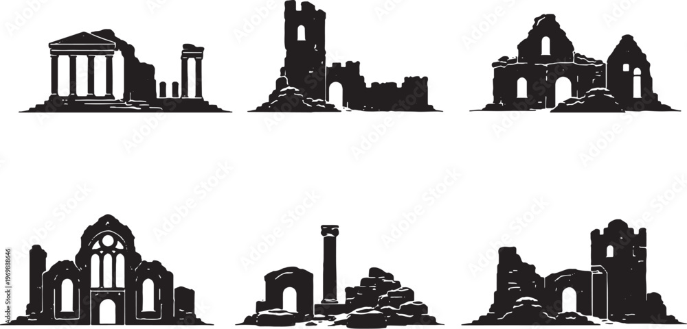 Obraz premium Historic Ruins Silhouette Set Ancient Temple Castle Ruin Archaeological Structures Black Silhouette Collection