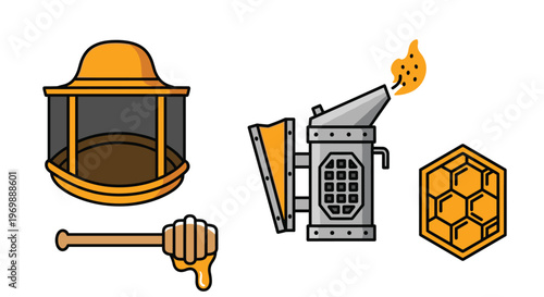 A colorful illustration of beekeeping tools and honeycomb, Generative AI.