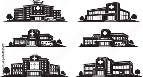 Hospital Buildings Silhouette Set, Medical Clinic, Emergency Center, Healthcare Facility Architecture Vector Collection