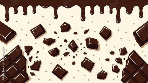 Delicious Dark Chocolate Bar Pieces and Melting Cocoa Syrup Illustration for Food Branding and Dessert Menus