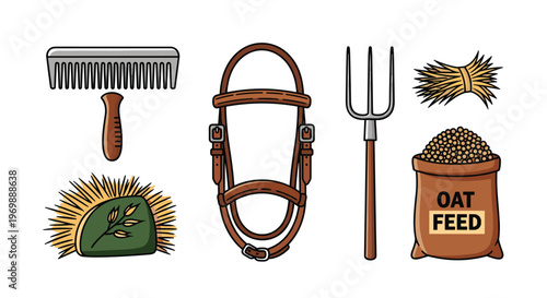 Collection of horse care and feed items on a including a comb halter pitchfork feed bag and hay, Generative AI.