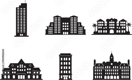 Hotel and resort building silhouettes set city tower beach resort luxury hotel black silhouette isolated on white