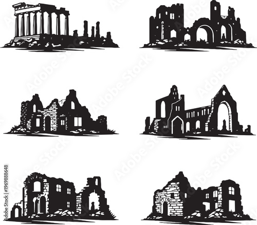 Historic Ruins Buildings Silhouette Set Ancient Temple Castle Monastery Ruin Vector Illustration