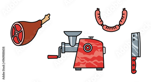 Cartoon illustration of various butcher tools and meat products, Generative AI.