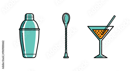 Vector illustration of cocktail shaker jigger and martini glass with straw on for mixology and barware concepts, Generative AI.