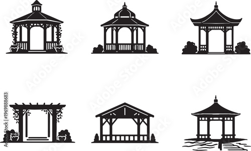 Garden pavilion and gazebo silhouettes set park pavilion asian garden house black silhouette isolated on white