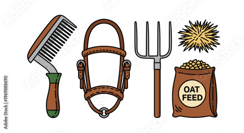 A set of horse grooming and feeding tools on a including a comb halter pitchfork and oat feed bag with hay, Generative AI.