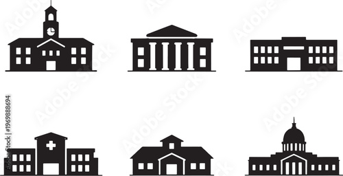Government building silhouettes bundle, city hall courthouse capitol architecture icons, public administration buildings black silhouette collection