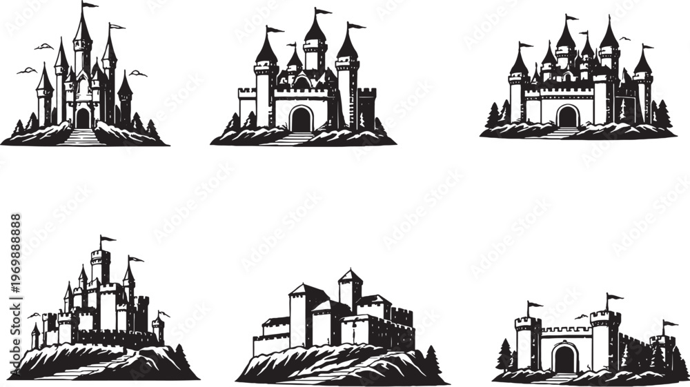 Fototapeta premium Castles and Fortresses Silhouette Set Medieval Royal Fortress Tower Walls Architecture Vector