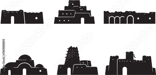 Desert Architecture Houses Silhouette Set Adobe Pueblo Sahara Mud Dome Fortress Buildings Vector