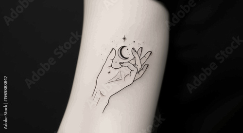 Minimalist Hand Tattoo with Crescent Moon and Stars, Celestial Body Art