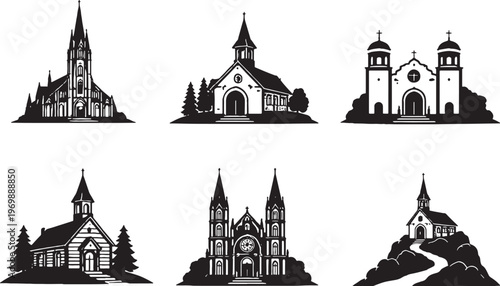 Churches and Chapels Silhouette Set Gothic Cathedral Chapel Colonial Wooden Church Architecture Vector
