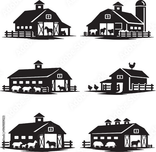 Animal Farm Buildings Silhouette Set Horse Stable Cattle Barn Sheep Coop Goat Pig Farm Vector