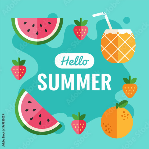 Hello summer potrait banner with tropical fruits, vector illustration