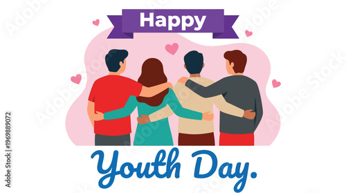 Diverse Group of Young People Hugging for International Youth Day Celebration Banner Design for Community and Social Awareness
