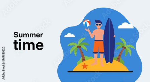 A man is watching the waves and wants to go surfing, vector illustration