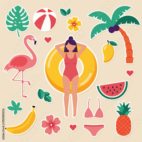 Set of summer icons and tropical fruits and vegetables vector illustration featuring food elements cartoon nature pattern
