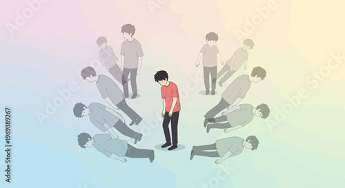 Sadness and loneliness personified a solitary figure surrounded by fading, ghost-like duplicates in a melancholic, gradient-lit space