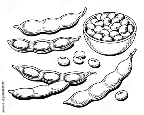Black and White of Soybeans in Pods and Bowl