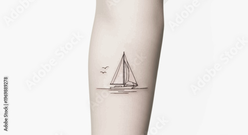 Minimalist Sailboat Tattoo Design on Skin with Birds and Horizon Line