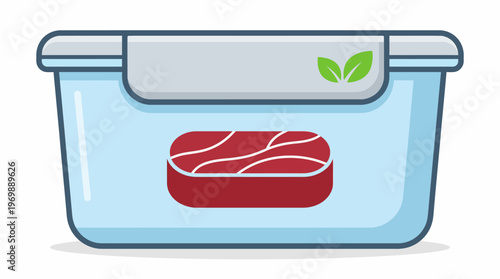 A cartoon illustration of a transparent food storage container filled with raw meat, suitable for meal prepping and healthy eating