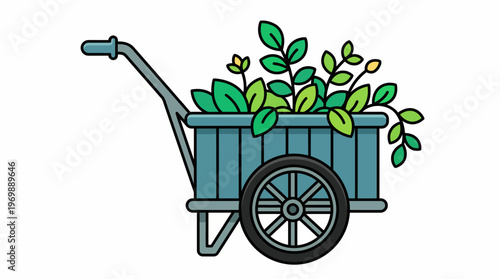 Vibrant illustration of a rustic wooden wheelbarrow filled with lush green plants and foliage, perfect for gardening, yard work, or horticultural projects