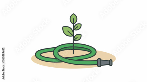 A coiled garden hose is creatively used as a makeshift planter for a small green plant, symbolizing growth and gardening with an eco-friendly approach