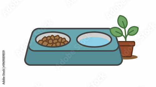 A pet bowl with food and water, next to a small potted plant on a table