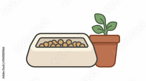 A minimalist vector illustration featuring a pet food bowl brimming with dry kibble, situated next to a small potted plant, symbolizing essential domestic items and a pet-friendly home environment