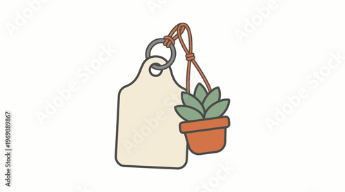 Hand-drawn illustration of a light-colored blank tag with a keychain and a small potted plant hanging from it, symbolizing lifestyle and nature