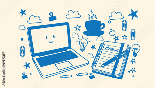 Workplace creative doodles with laptop notebook coffee and office supplies on solid background.