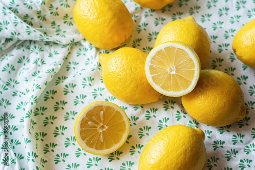 Ripe lemons on a striped fabric background. Vitamin C, healthy eating.