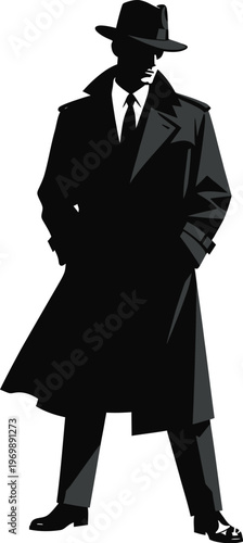 Full Length Silhouette of Detective in Trench Coat and Fedora Hat

