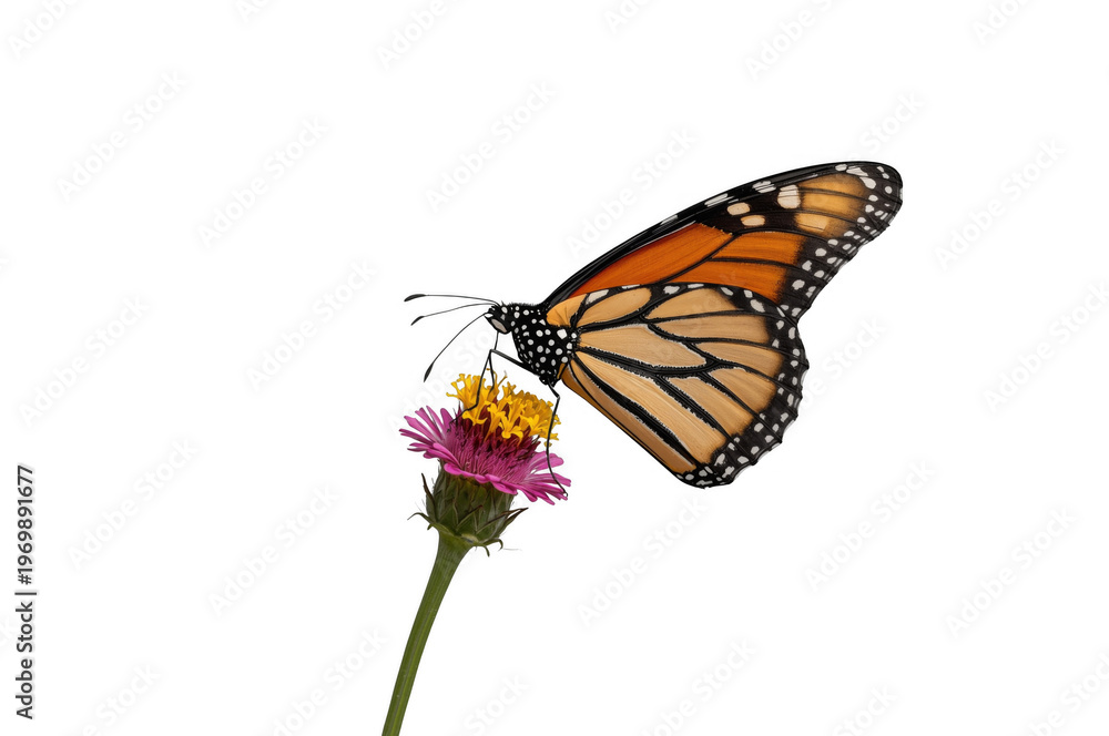 Obraz premium Monarch butterfly feeding nectar on flower, transparent background